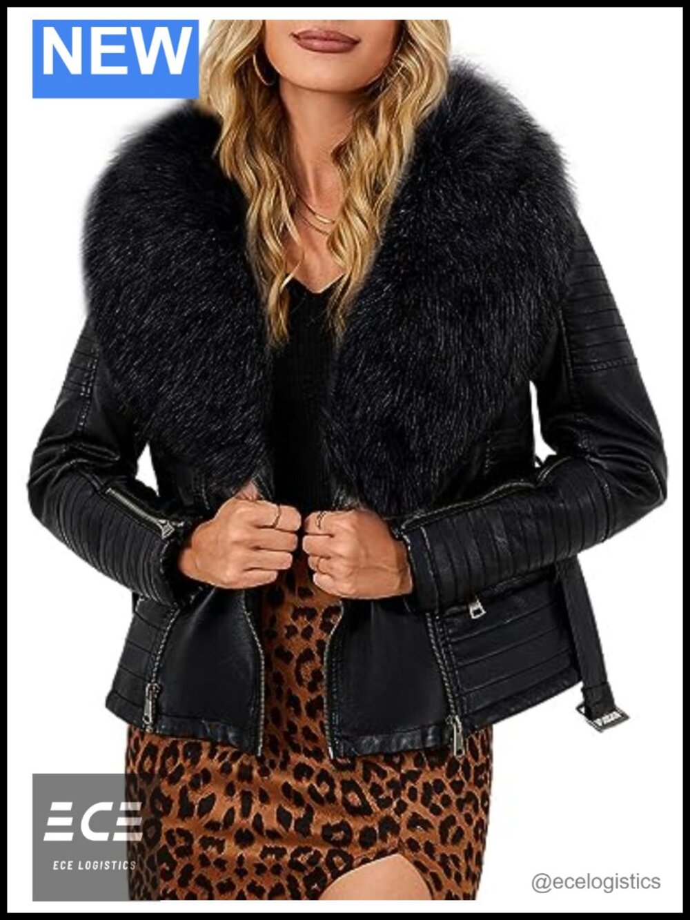 Faux Leather Moto Jacket Sherpa-Lined Belted Zip Coat